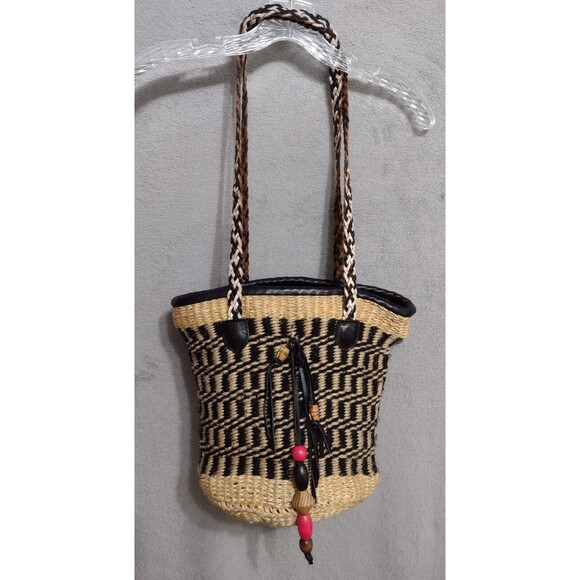 Patricia Nash Handbags - PATRICIA NASH MAYA Woven Straw Bucket Bag Purse Leather Trim Tassel Zip Italy